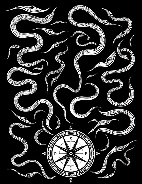 Design artwork: sea serpents around a compass rose