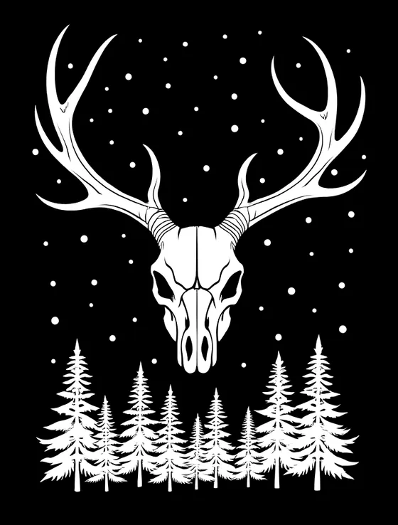 Design artwork: antlered skull above a pine forest under falling snow